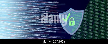 Cyber security concept. Shield, lock symbol numbers strings, white, green, red, numbers on blue background. Stock Photo