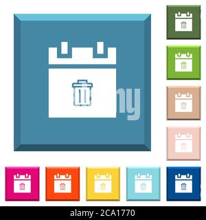 Delete schedule item white icons on edged square buttons in various trendy colors Stock Vector