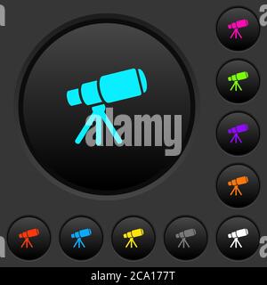 Space telescope dark push buttons with vivid color icons on dark grey background Stock Vector