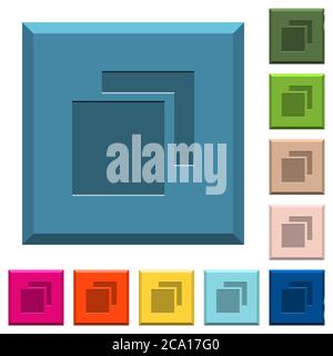 Overlapping elements engraved icons on edged square buttons in various trendy colors Stock Vector