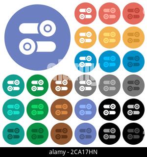 Toggle switches multi colored flat icons on round backgrounds. Included white, light and dark icon variations for hover and active status effects, and Stock Vector