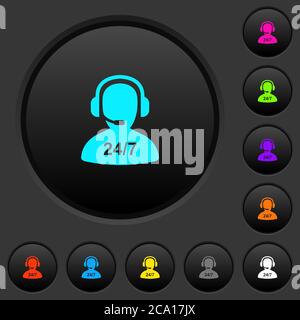 24 hours operator service dark push buttons with vivid color icons on dark grey background Stock Vector