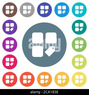 Tag component flat white icons on round color backgrounds. 17 background color variations are included. Stock Vector