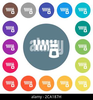 Horizontal zipper flat white icons on round color backgrounds. 17 background color variations are included. Stock Vector