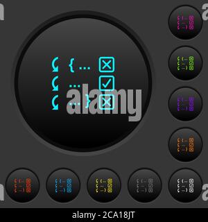 Debugging program dark push buttons with vivid color icons on dark grey background Stock Vector