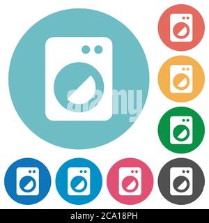 Washing machine flat white icons on round color backgrounds Stock Vector