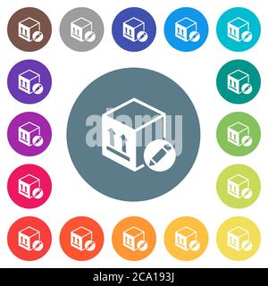 Package edit flat white icons on round color backgrounds. 17 background color variations are included. Stock Vector