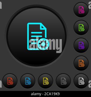 Document settings dark push buttons with vivid color icons on dark grey background Stock Vector