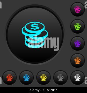 Stack of Dollar coins dark push buttons with vivid color icons on dark grey background Stock Vector
