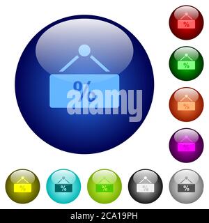 hanging discount table icons on round color glass buttons Stock Vector