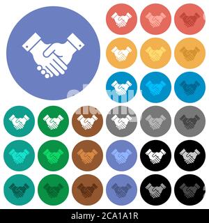 Partnership multi colored flat icons on round backgrounds. Included white, light and dark icon variations for hover and active status effects, and bon Stock Vector