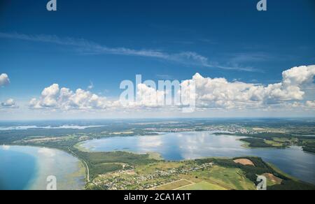 Naroch lake aerial drone view landscape in bright day
