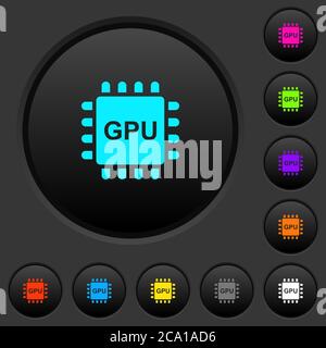 Graphics processing unit dark push buttons with vivid color icons on dark grey background Stock Vector