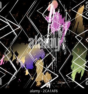 abstract geometric background pattern, with strokes and splashes, zigzag pattern, on black Stock Vector