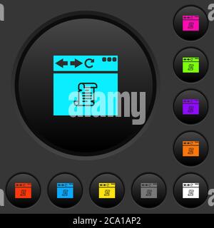 Browser running script dark push buttons with vivid color icons on dark grey background Stock Vector