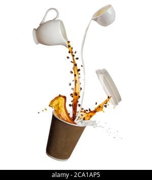Take away cup with splashing coffee and milk liquid isolated on white background. Hot drink with splash, beverages and refreshment. Stock Photo