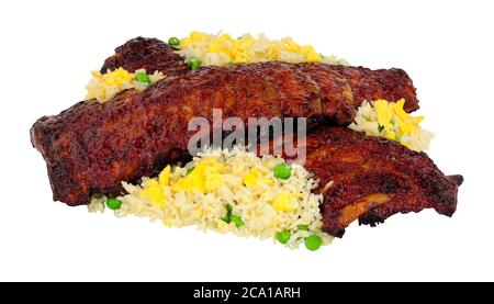 Chinese Peking style pork ribs coated with sticky plum sauce glaze with egg fried rice isolated on a white background Stock Photo
