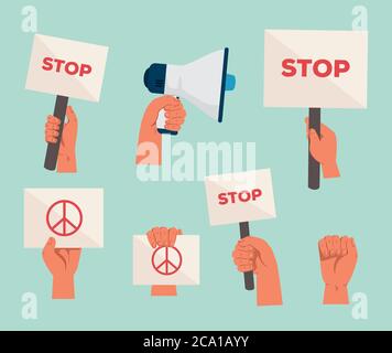 set icons of hands with placards and megaphone for protest Stock Vector