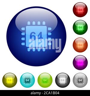 Microprocessor 64 bit architecture icons on round color glass buttons Stock Vector