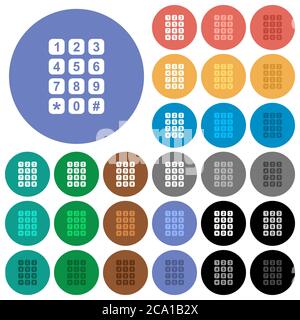 Numeric keypad multi colored flat icons on round backgrounds. Included white, light and dark icon variations for hover and active status effects, and Stock Vector