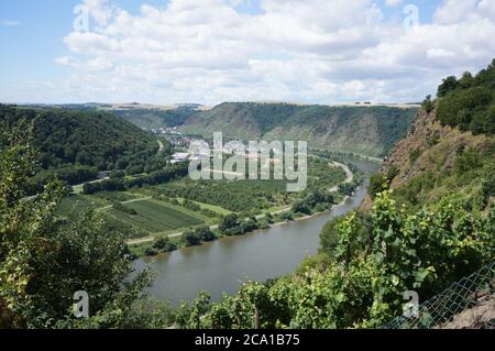 Winningen, Rheinland-Pfalz/ Germany - August 10 2013: View on to the river Mosel in Germany - deep valey - whine region Stock Photo