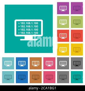 Ping remote computer multi colored flat icons on plain square backgrounds. Included white and darker icon variations for hover or active effects. Stock Vector