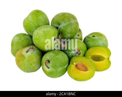 Group of fresh ripe greengage plums isolated on a white background Stock Photo