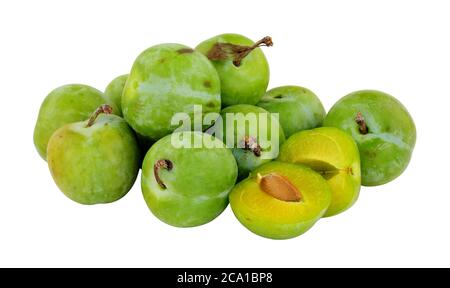 Group of fresh ripe greengage plums isolated on a white background Stock Photo
