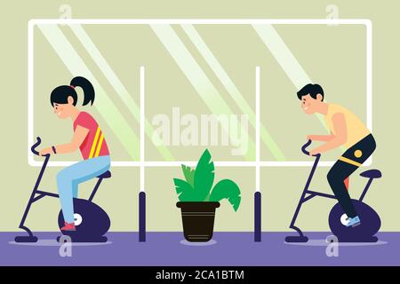 People working out in a gym following post lockdown safety protocol of physical distancing Stock Vector