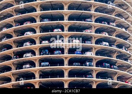 Circular concrete multi-storey car park at Marina City, Chicago. Stock Photo