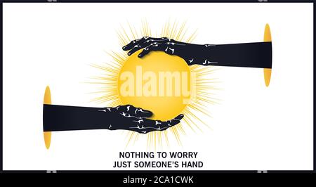 Two hands against each other hold the sun. Trendy flat style two-color illustrations. Vector design elements Stock Vector