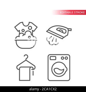Laundry service thin line icon set. Iron with steam, dry cleaning, washing machine symbols. Outline, editable stroke icons. Stock Vector