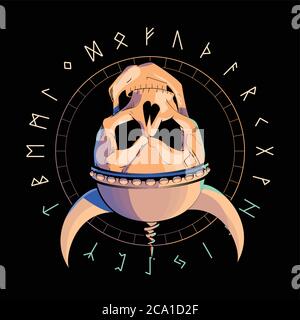 vector illustration of a skull with a helmet turned upside down over an inverted star and runic characters isolated on black. Skull drawing for t-shir Stock Vector