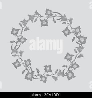 Monochrome wreath of bells for decoration of cards, invitations and congratulations. Gray floral pattern on a gray background. Stock Vector