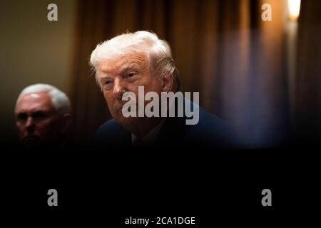 Washington DC, USA. 03rd Aug, 2020. United States President Donald J. Trump makes remarks as he meets with US Tech Workers and signs an Executive Order on Hiring Americans, in the Cabinet Room of the White House, in Washington, DC, USA, 03 August 2020. Credit: Doug Mills/Pool via CNP /MediaPunch Credit: MediaPunch Inc/Alamy Live News Stock Photo