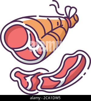 Parma ham RGB color icon. Roasted pork on bone. Smoked turkey. Sliced steak for picnic. National meat dish. Italian prosciutto. Lamb for lunch. Ingred Stock Vector