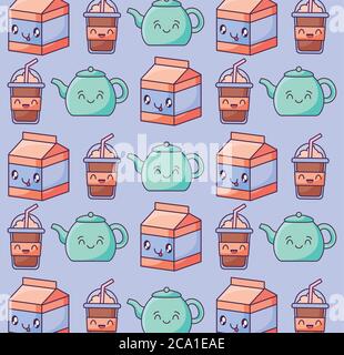 kawaii style milk and teapot pattern vector illustration design Stock Vector