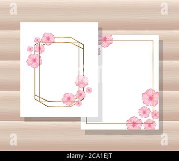 geometric golden lines frames, cards with leaves vector illustration design Stock Vector