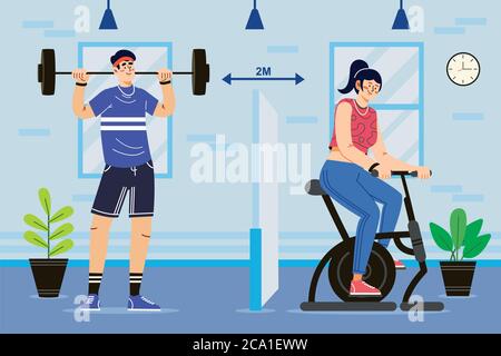 New normal concept and physical distancing workout in fitness and keep social distance to prevent from disease outbreak. New normal after COVID-19 pan Stock Vector