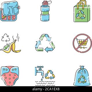 Responsible consumption RGB color icons set. Sustainable lifestyle advice and organic eco friendly products. Zero waste policy. Isolated vector illust Stock Vector