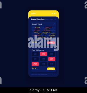 Speed reading app smartphone interface vector template. Mobile app page night mode design layout. Find differences function on screen. Flat UI for app Stock Vector