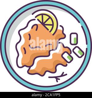 Wiener schnitzel RGB color icon. German meat dish. Traditional european meal recipe. Potato ingredient for cooking. Restaurant menu. Culinary for lunc Stock Vector