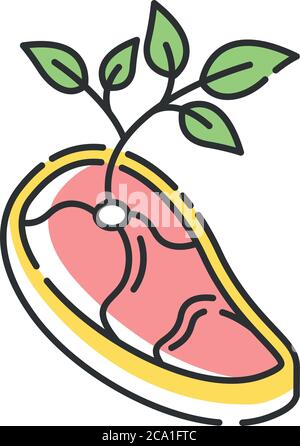 Vegan meat RGB color icon. Healthy eating, vegetarianism. Refusing from animal meat. Environment protection. Plant growing from steak isolated vector Stock Vector
