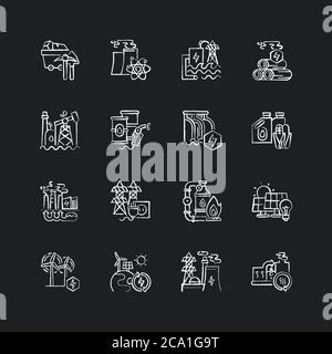Energy industry chalk white icons set on black background. Electricity manufacturing technologies and modern facilities. Different power generation pl Stock Vector