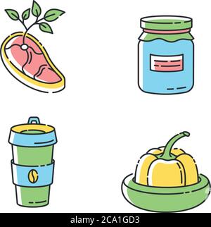 Zero waste food RGB color icons set. Vegan meat, glass jar, reusable coffee cup and food savers. Sustainable lifestyle accessories. Isolated vector il Stock Vector