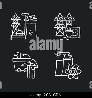 Energy manufacturing chalk white icons set on black background. Electric power station, nuclear reactor and coal mining plant. Electricity industry. I Stock Vector