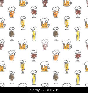 Beer types colorful seamless pattern design. Beer glasses for ale, weizen, pint and mug, cute vector pattern. Stock Vector