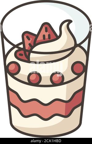 Parfait RGB color icon. Yogurt based frozen dessert. Sweet breakfast. National French sweets. Traditional cuisine of France. Cold dessert with whipped Stock Vector