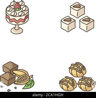 Traditional sweets RGB color icons set. Profiteroles. Classic brownies. Turkish delight. Trifle with strawberries. English dessert. Authentic sweet fo Stock Vector