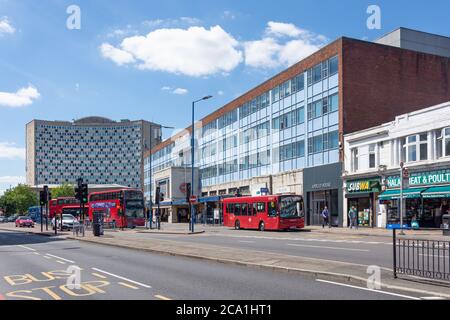 Buses outside Morden Underground Station, London Road, Morden, London Borough of Merton, Greater London, England, United Kingdom Stock Photo